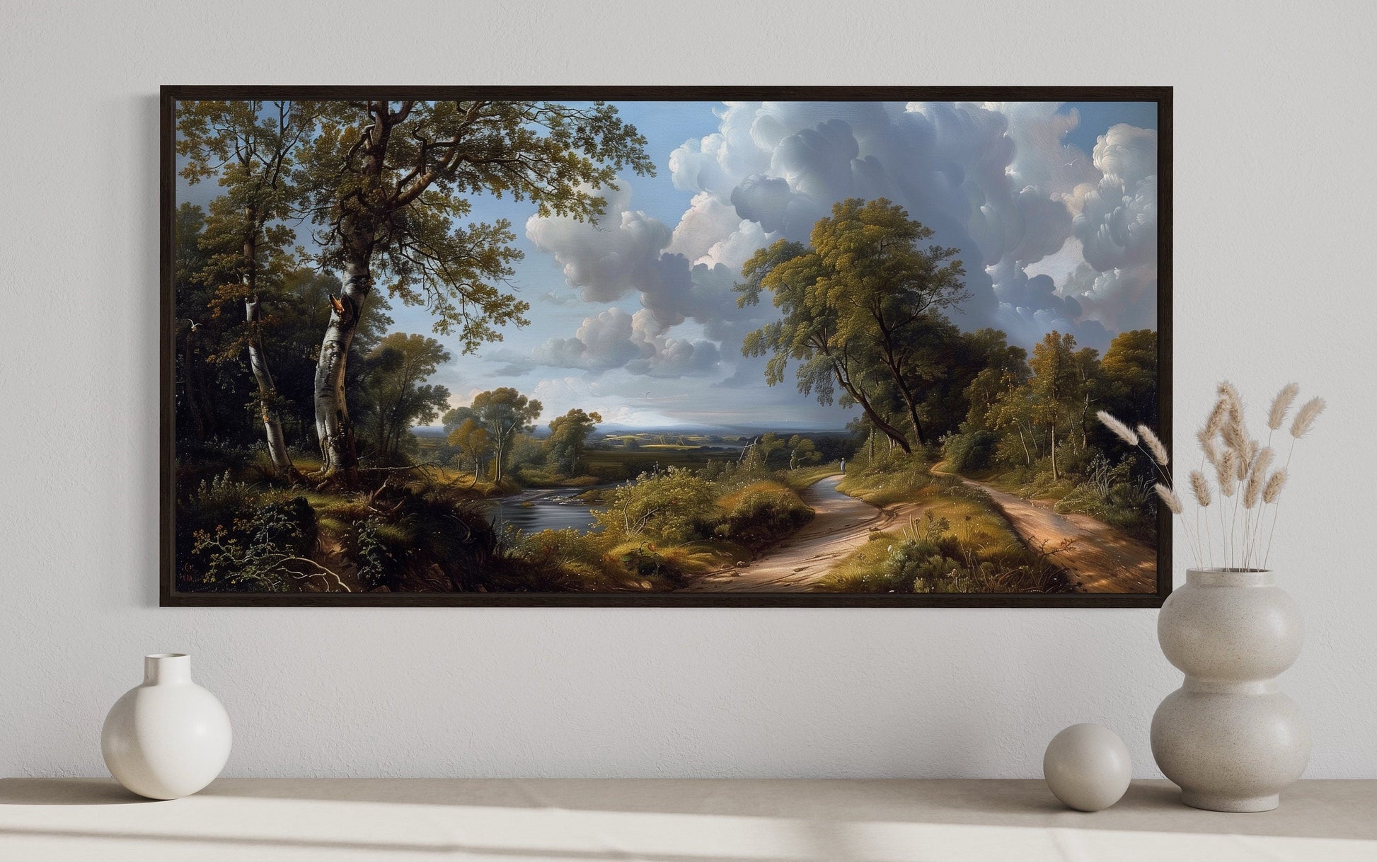 Antique River Landscape Art – Framed Canvas Wall Art | Rustic Home Decor