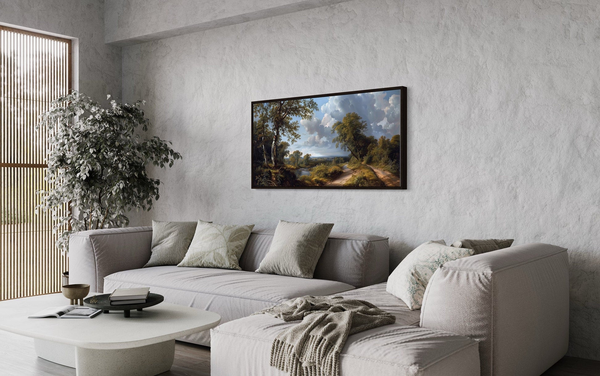 Antique River Landscape Art – Framed Canvas Wall Art | Rustic Home Decor