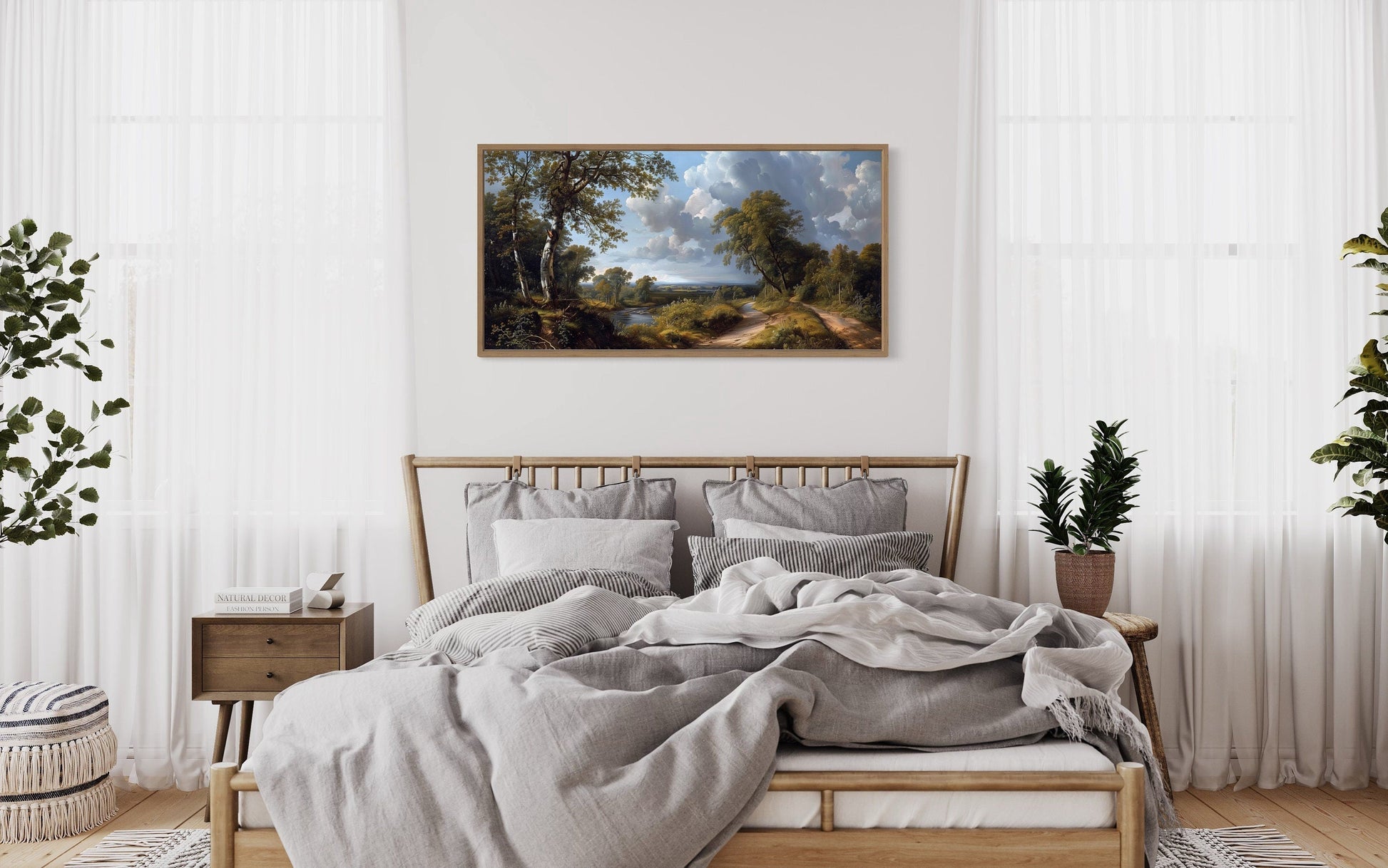 Antique River Landscape Art – Framed Canvas Wall Art | Rustic Home Decor