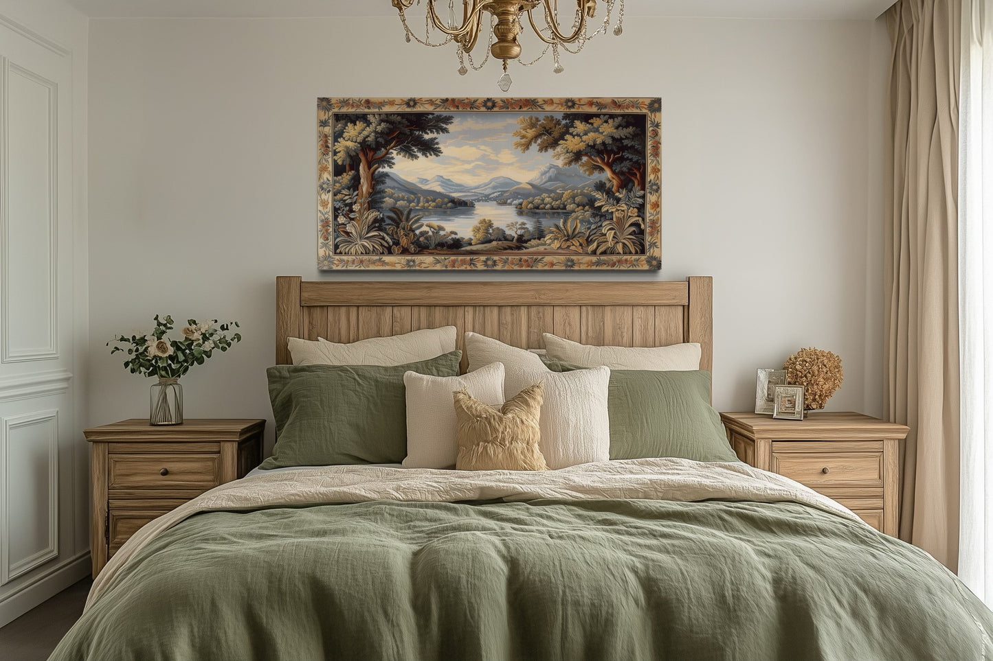 Antique River Landscape Framed Tapestry Canvas Wall Art