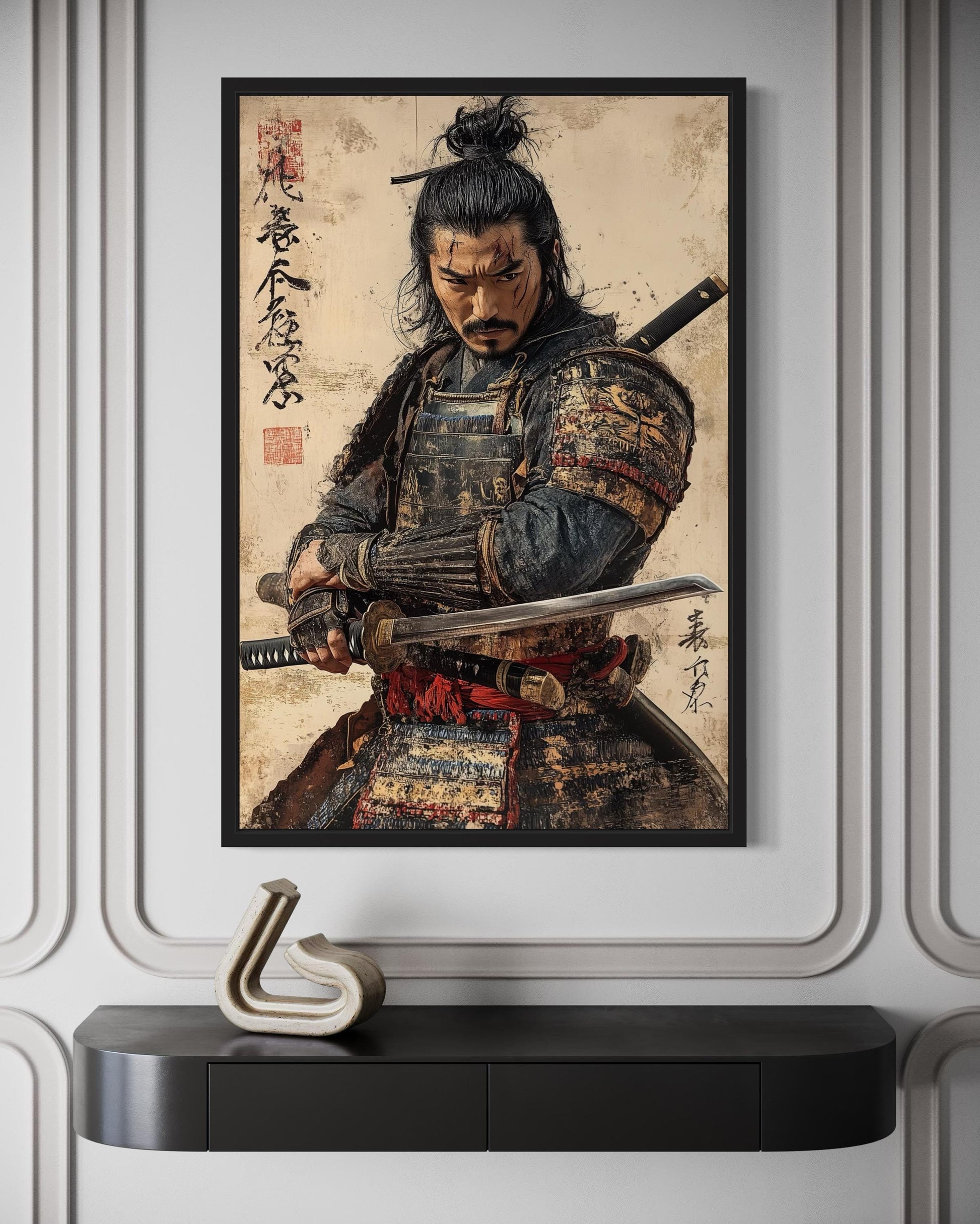 Antique Samurai Portrait Framed Canvas Wall Art, Manly Office Decor