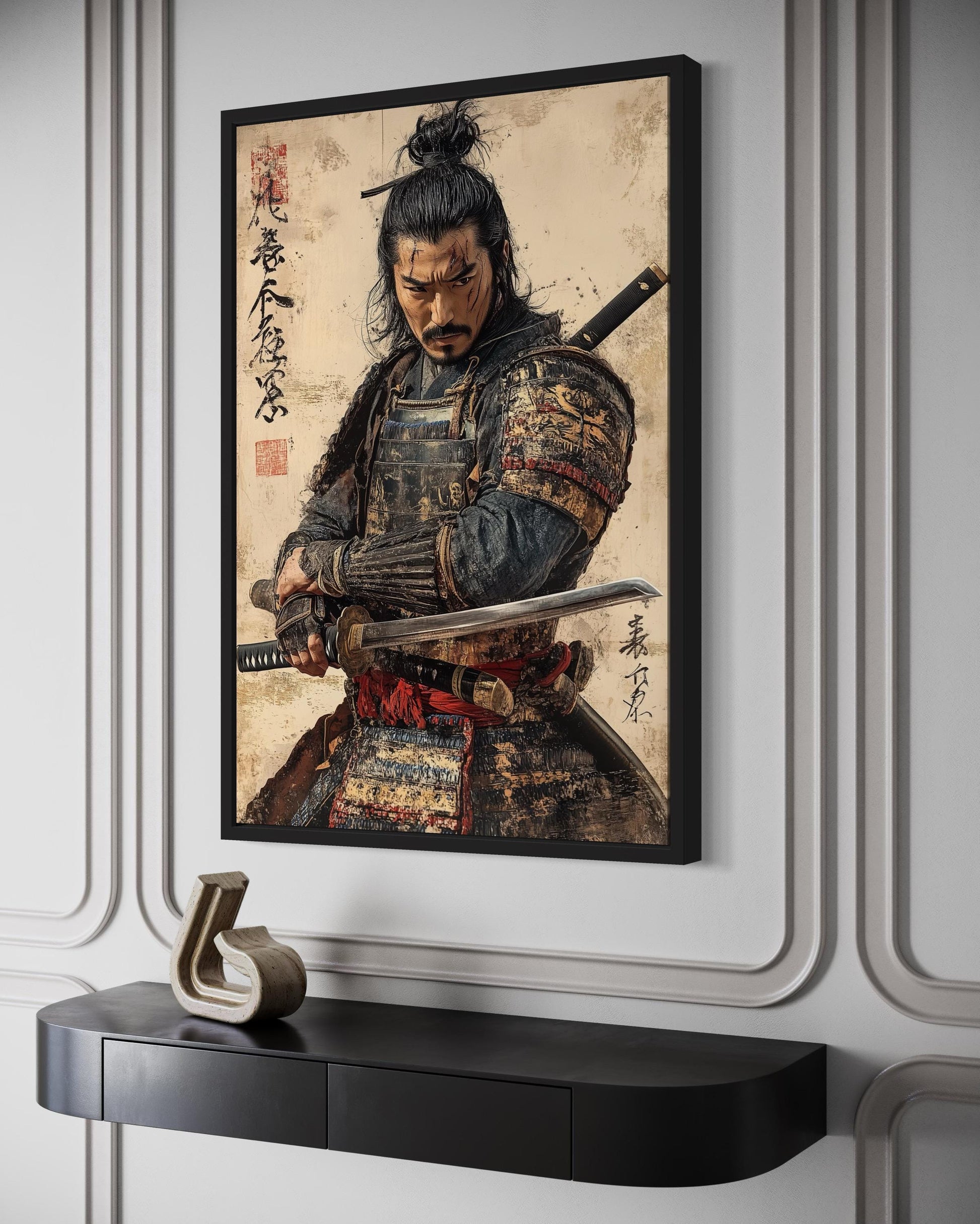 Antique Samurai Portrait Framed Canvas Wall Art, Manly Office Decor