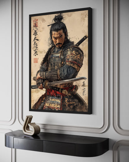 Antique Samurai Portrait Framed Canvas Wall Art, Manly Office Decor