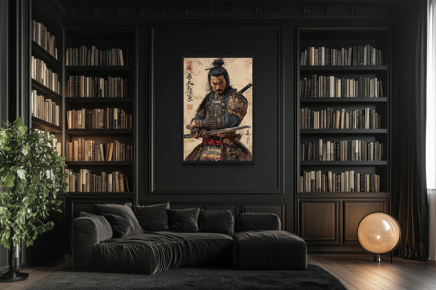 Antique Samurai Portrait Framed Canvas Wall Art, Manly Office Decor