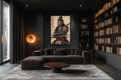 Antique Samurai Portrait Framed Canvas Wall Art, Manly Office Decor