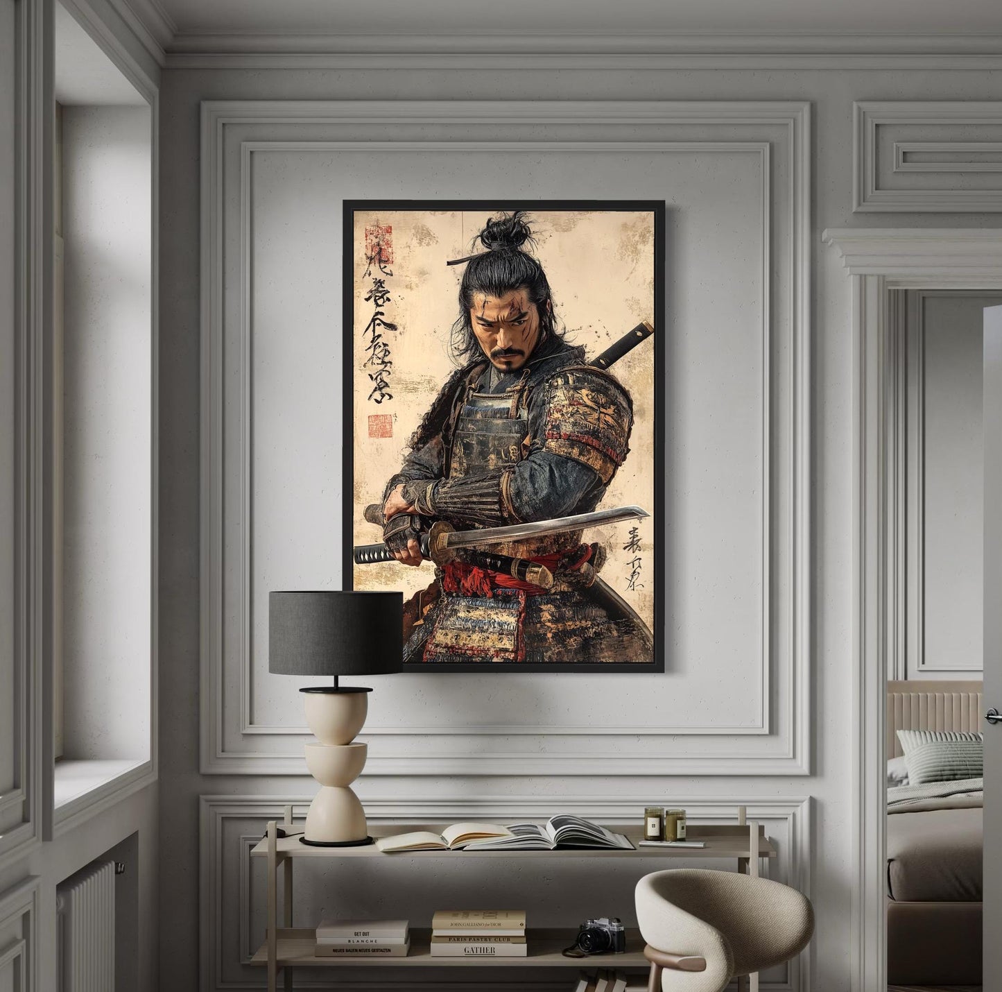Antique Samurai Portrait Framed Canvas Wall Art, Manly Office Decor