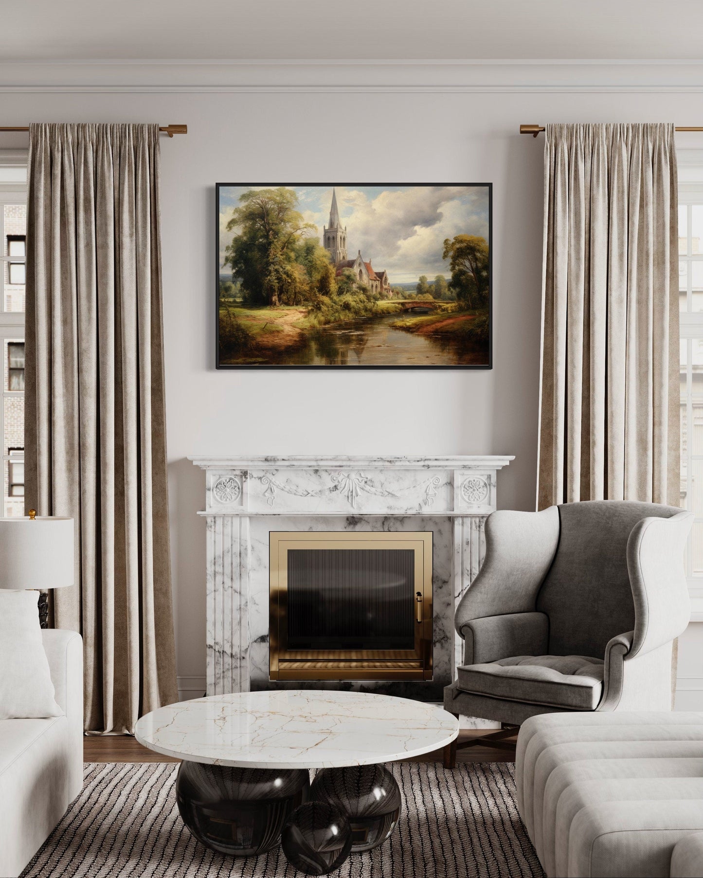 Antique Style Church Painting Framed Christian Canvas Wall Art