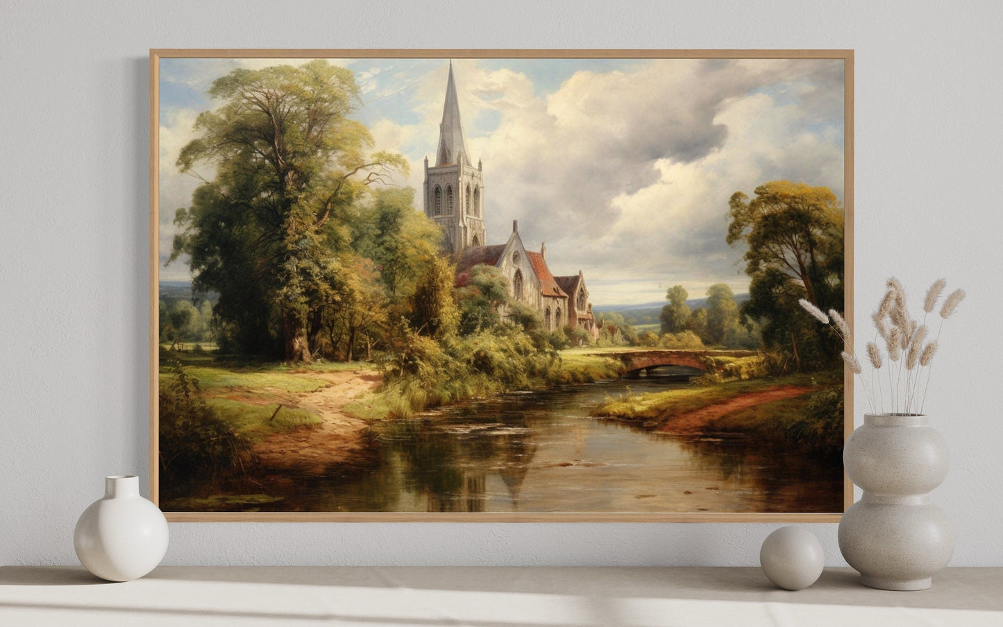 Antique Style Church Painting Framed Christian Canvas Wall Art