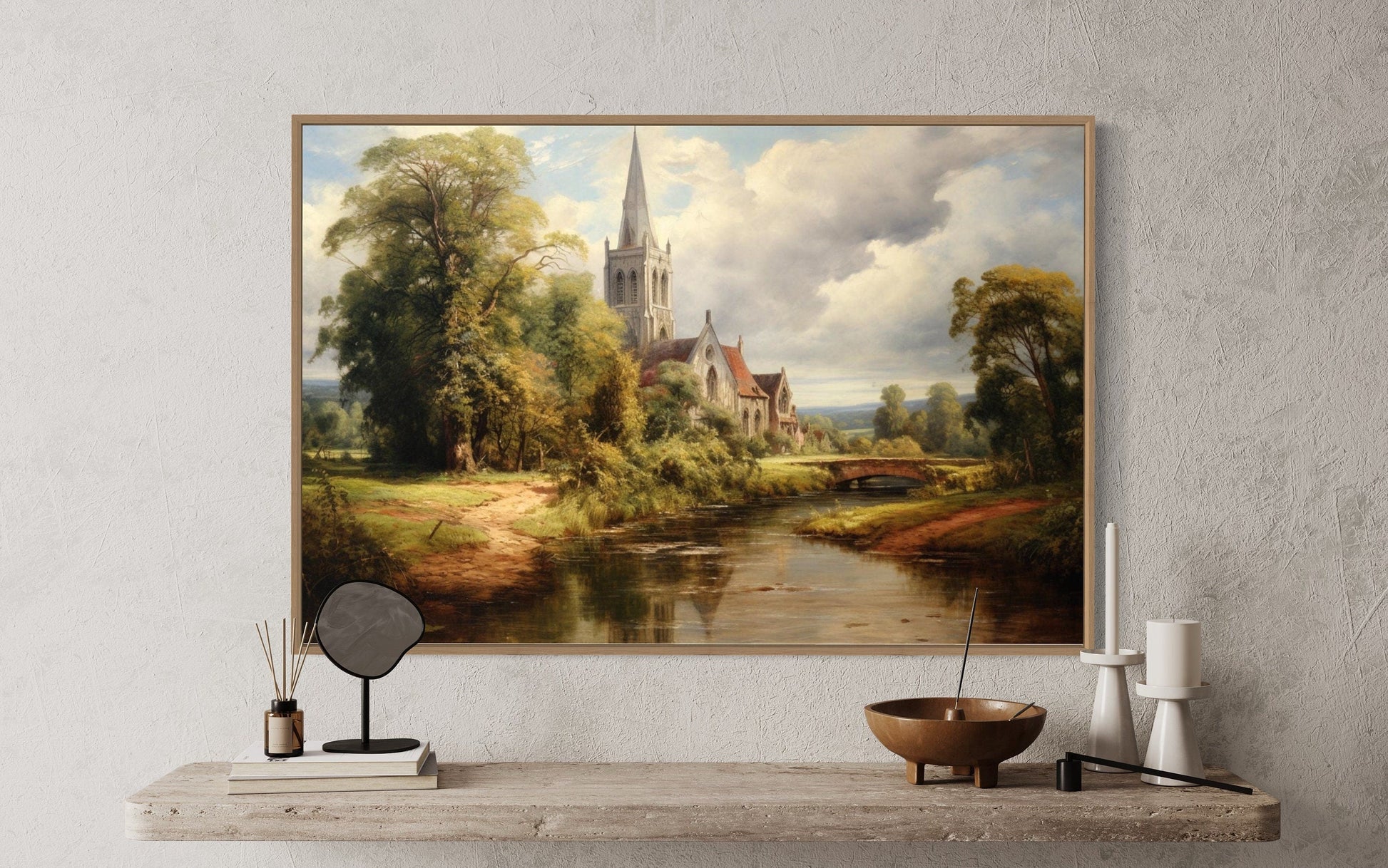 Antique Style Church Painting Framed Christian Canvas Wall Art
