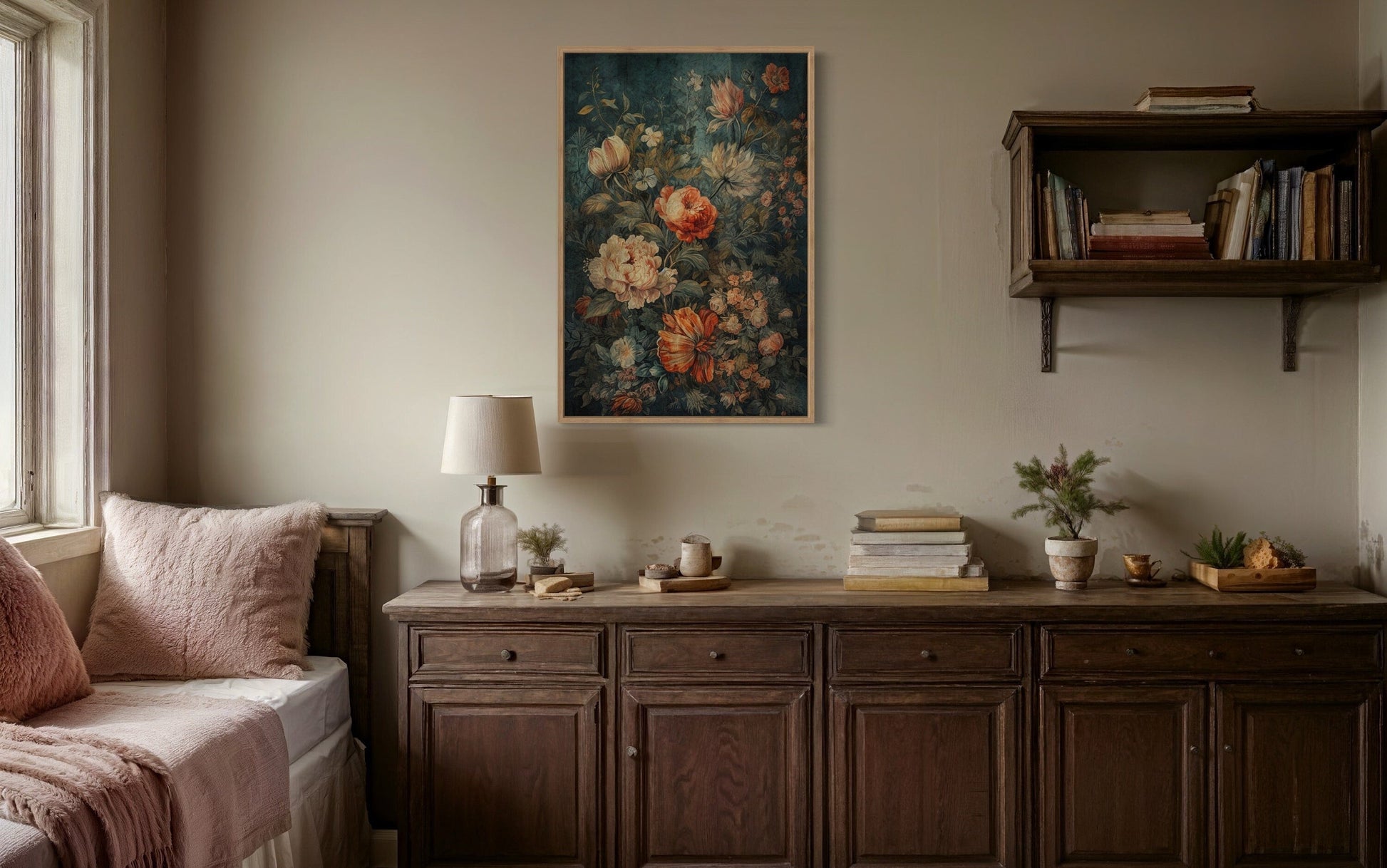 Antique Style Floral European Floral Tapestry Framed Canvas Wall Hanging