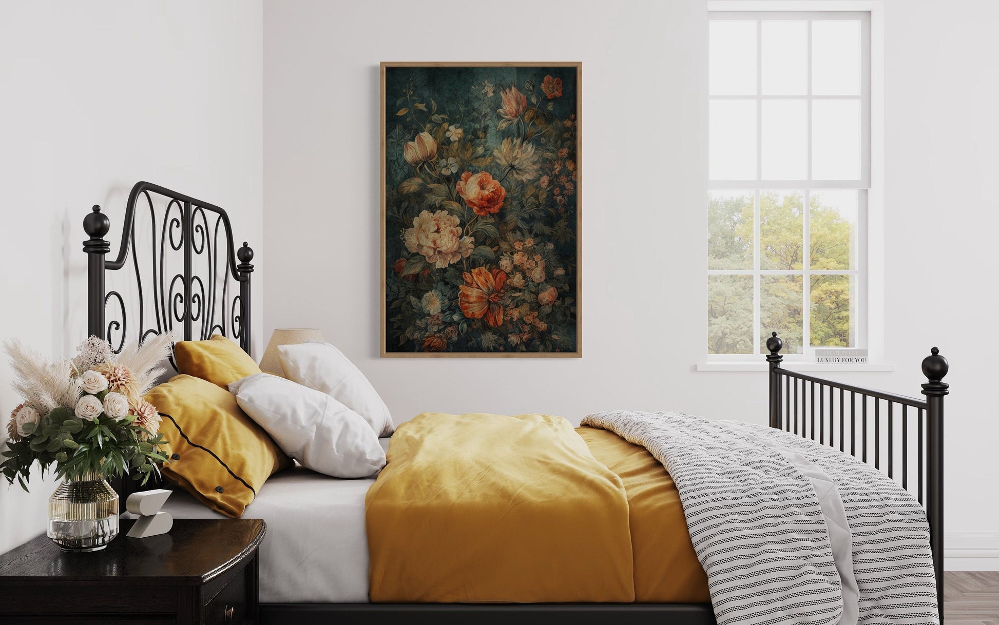 Antique Style Floral European Floral Tapestry Framed Canvas Wall Hanging