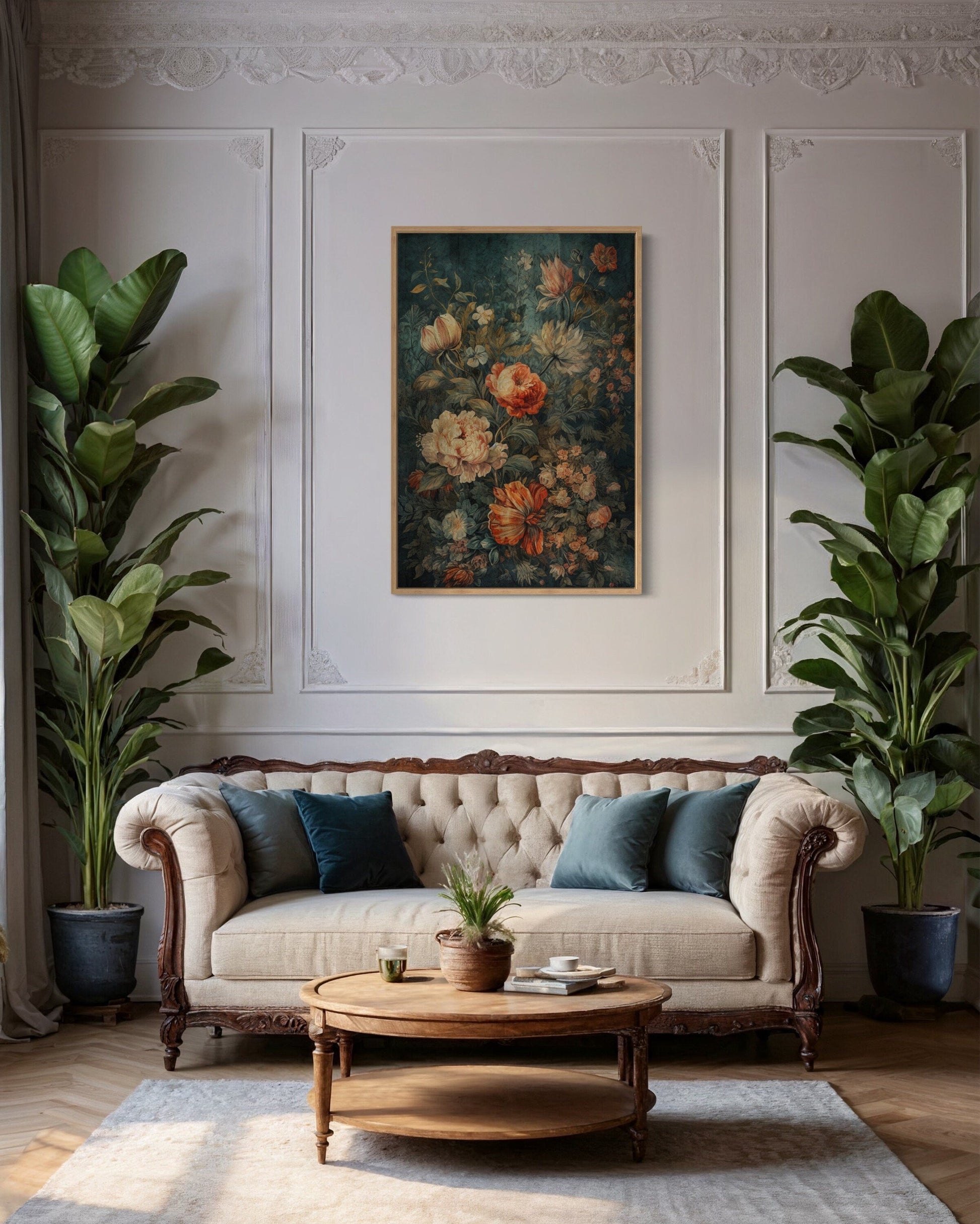 Antique Style Floral European Floral Tapestry Framed Canvas Wall Hanging