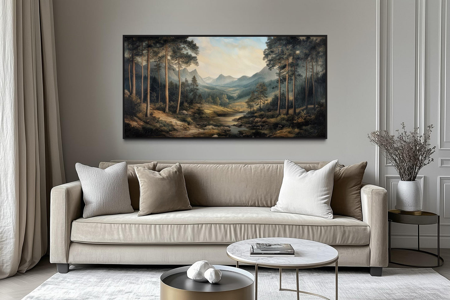 Antique Style Mountain Forest Landscape Canvas Wall Art