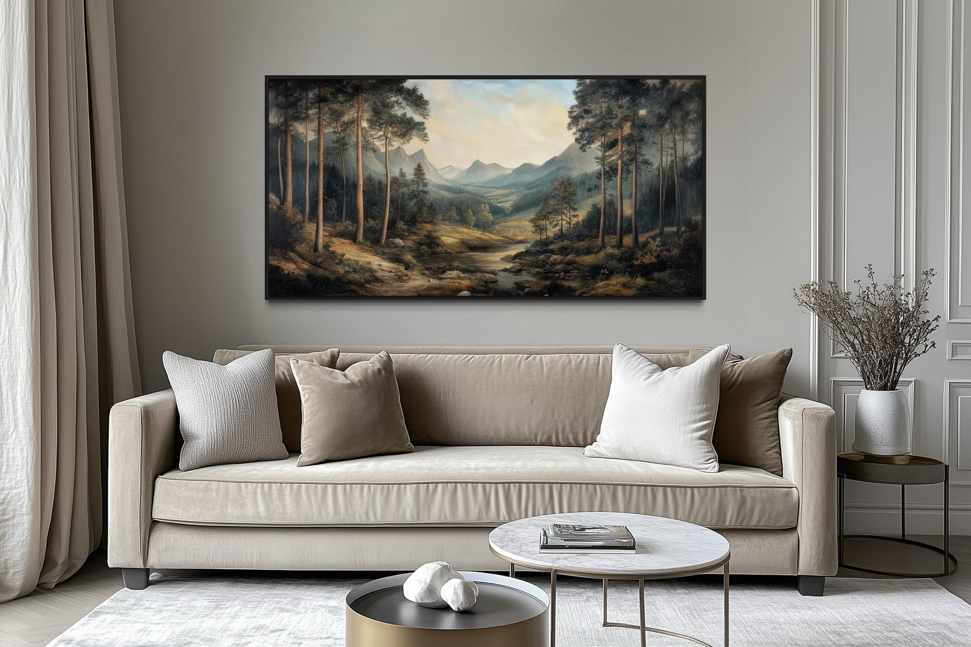 Antique Style Mountain Forest Landscape Canvas Wall Art