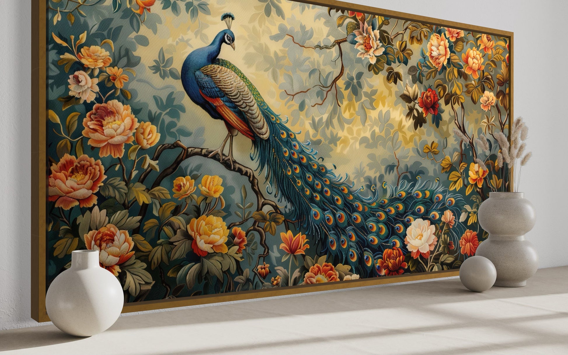 Antique Style Peacock In The Garden Tapestry Framed Canvas Wall Art