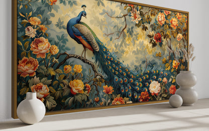 Antique Style Peacock In The Garden Tapestry Framed Canvas Wall Art