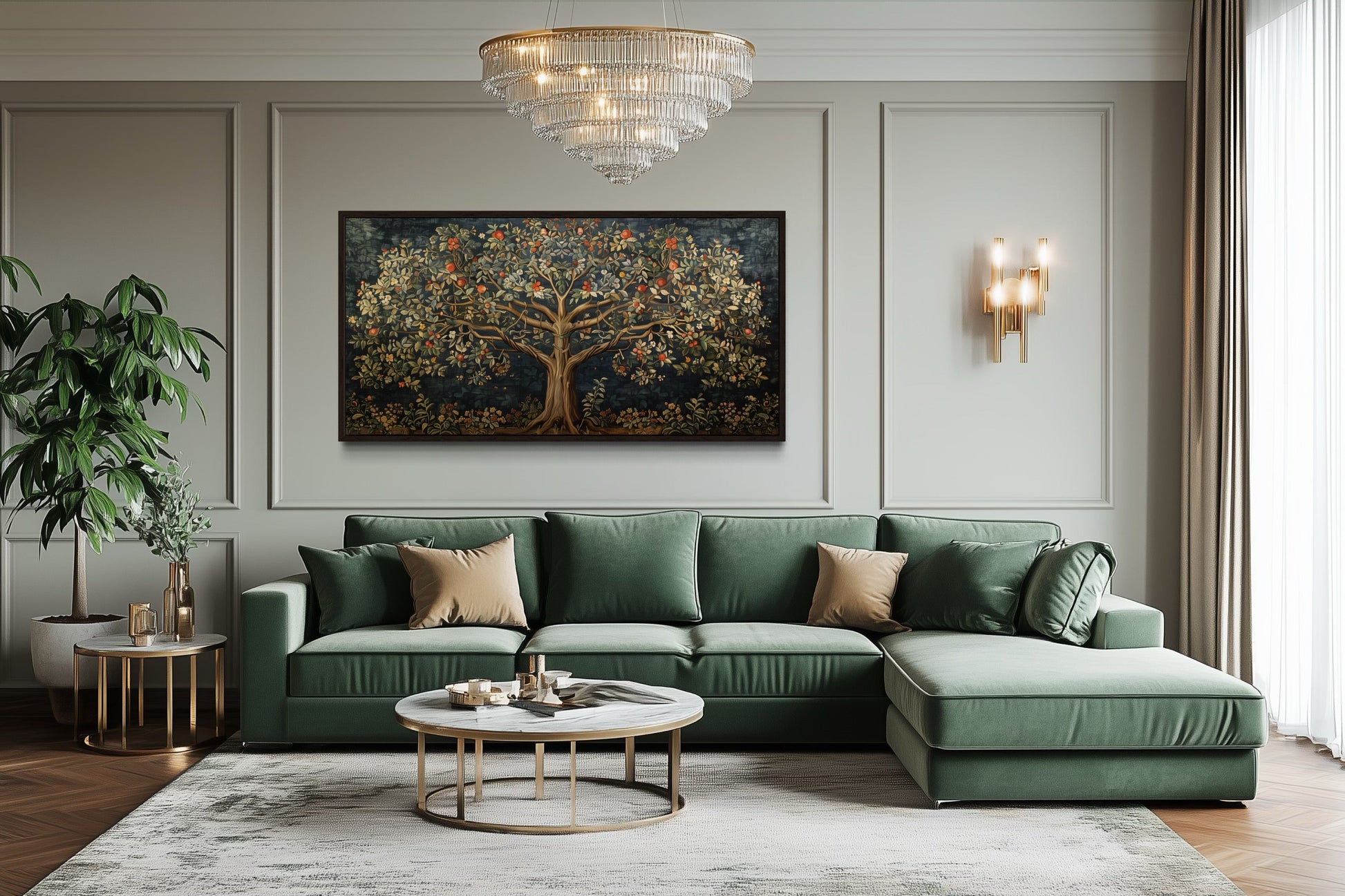 Antique Tapestry Style Tree Of Life Framed Canvas Wall Art