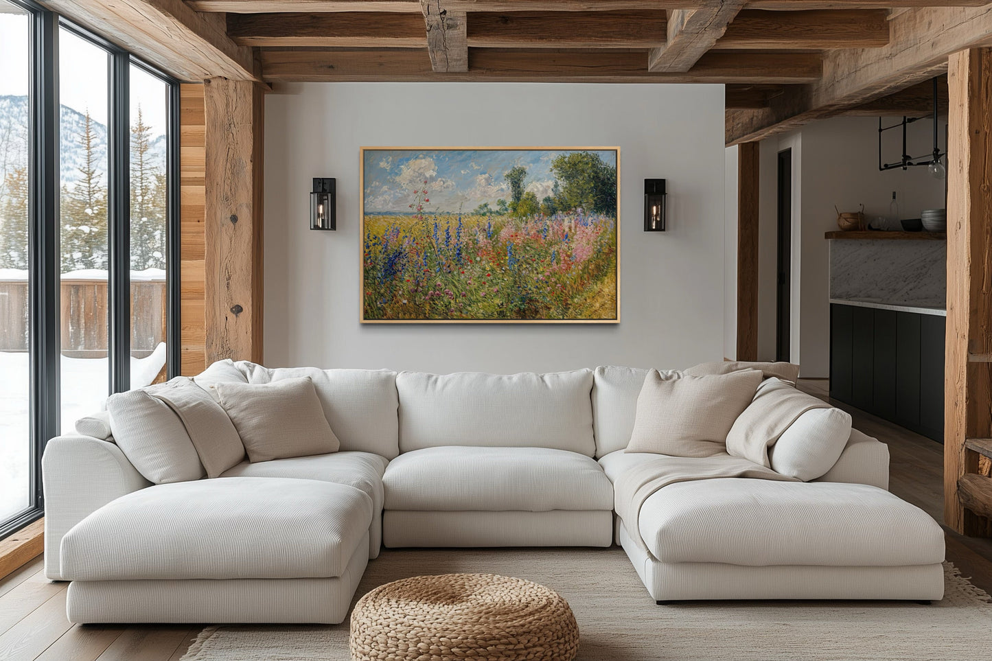 Antique Wildflowers Field Impressionist Framed Canvas Wall Art