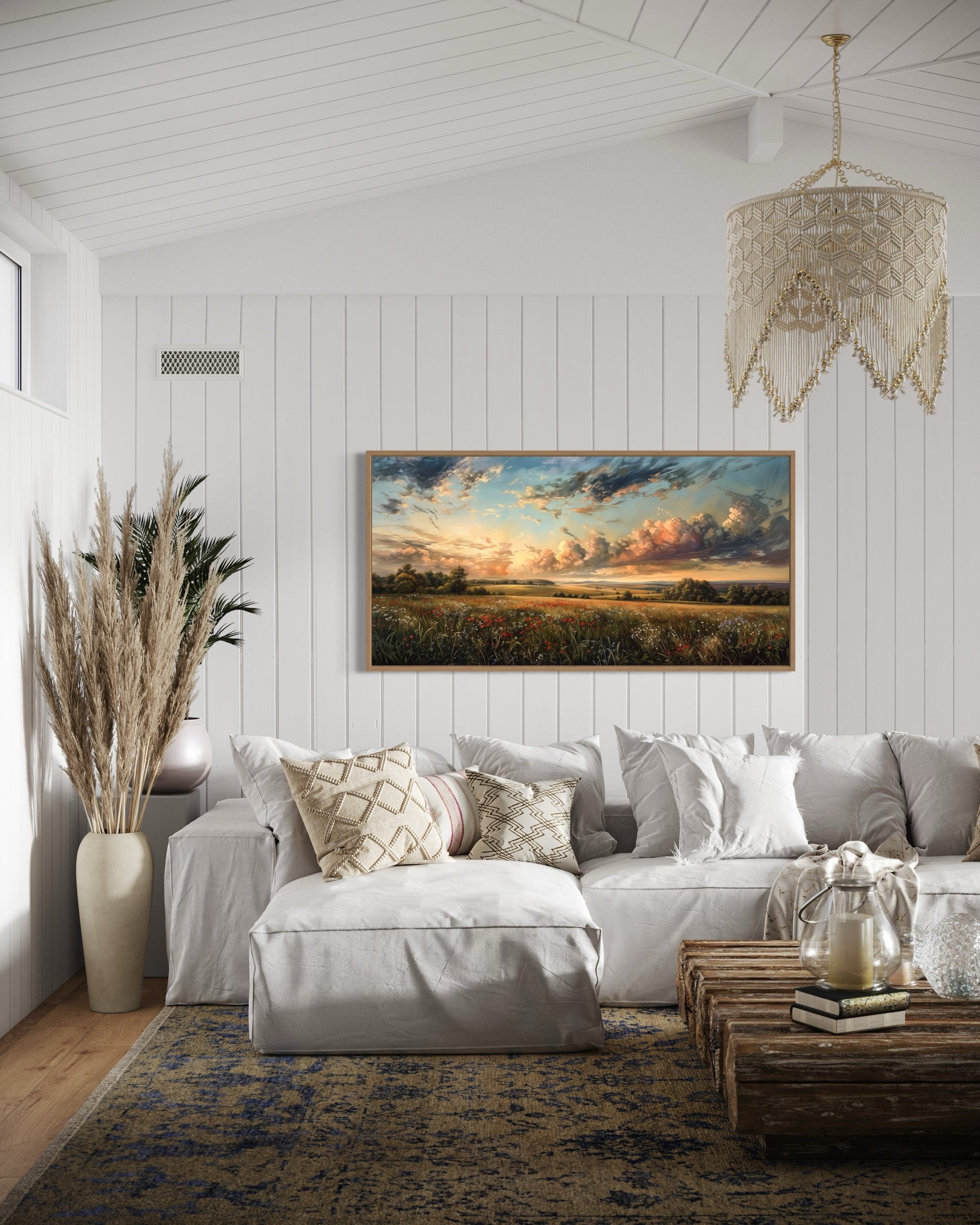 Antique Wildflowers Field Sunset Landscape Canvas Wall Art