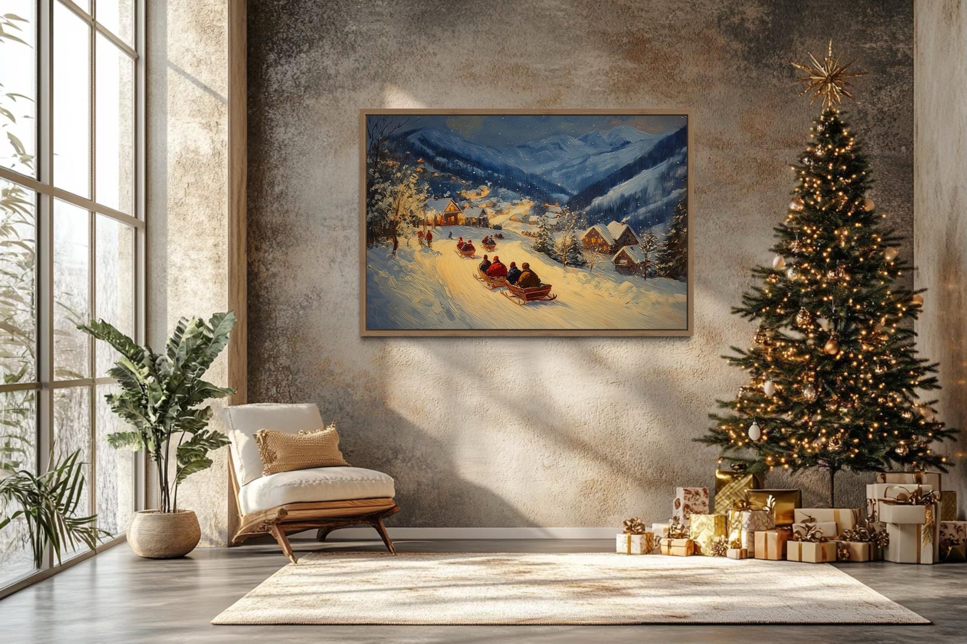 Antique Winter Sleigh Ride Christmas Night Canvas Wall Art