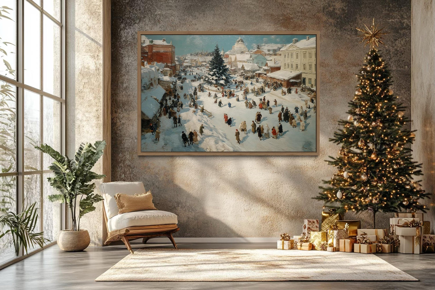 Antique Winter Village Christmas Market Scene Canvas Wall Art