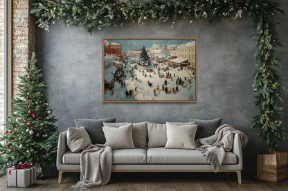 Antique Winter Village Christmas Market Scene Canvas Wall Art