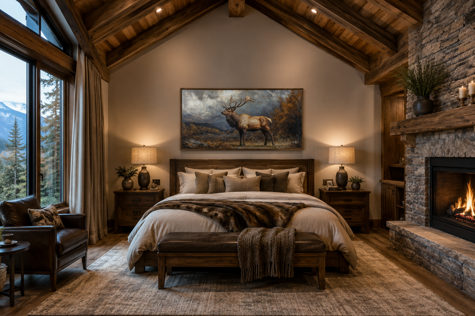 Antique Elk In Autumn Mountains Framed Canvas Wall Art for Cabin Decor