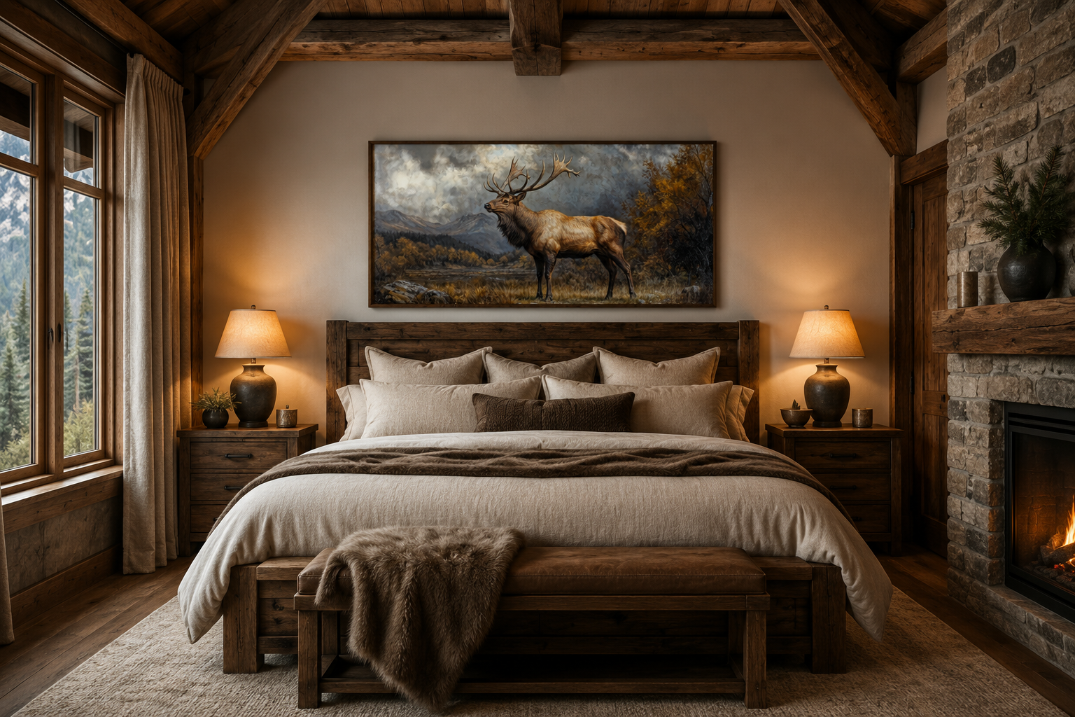 Antique Elk In Autumn Mountains Framed Canvas Wall Art for Cabin Decor