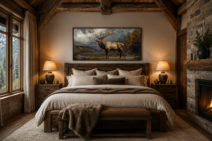 Antique Elk In Autumn Mountains Framed Canvas Wall Art for Cabin Decor