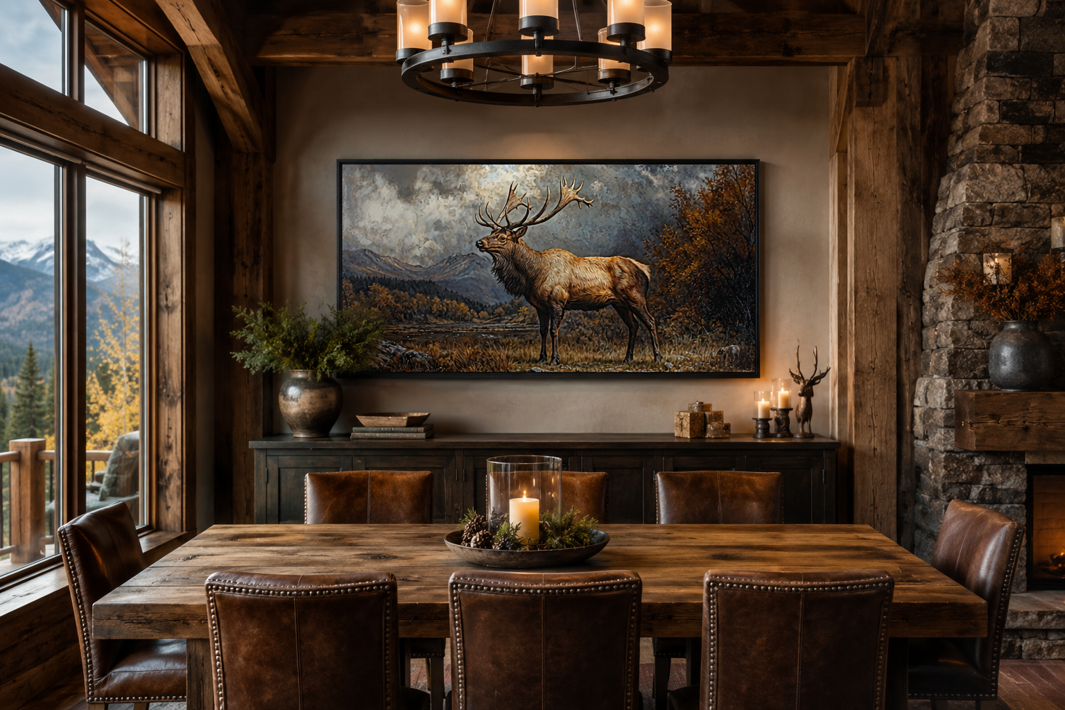 Antique Elk In Autumn Mountains Framed Canvas Wall Art for Cabin Decor