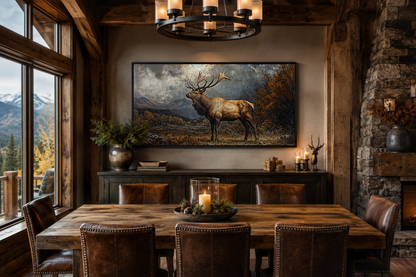Antique Elk In Autumn Mountains Framed Canvas Wall Art for Cabin Decor