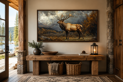 Antique Elk In Autumn Mountains Framed Canvas Wall Art for Cabin Decor