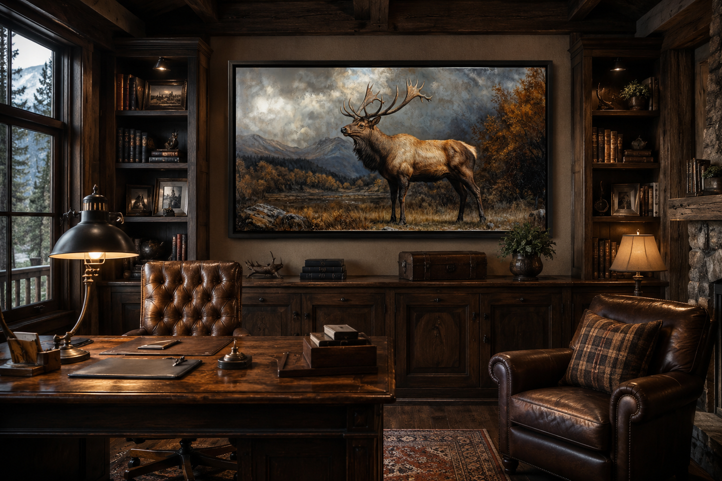 Antique Elk In Autumn Mountains Framed Canvas Wall Art for Cabin Decor
