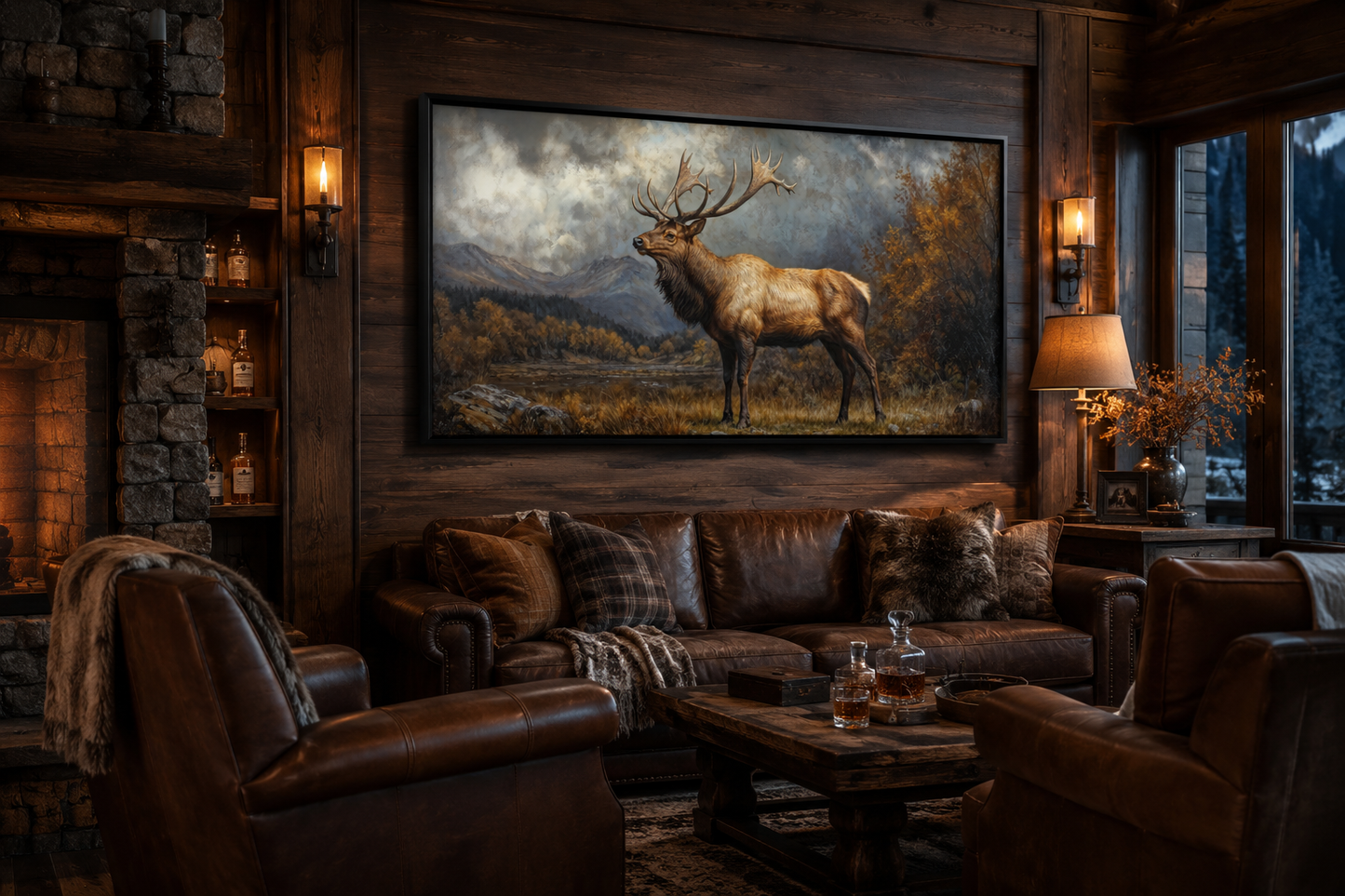 Antique Elk In Autumn Mountains Framed Canvas Wall Art for Cabin Decor