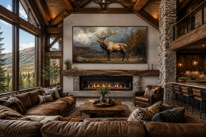 Antique Elk In Autumn Mountains Framed Canvas Wall Art for Cabin Decor