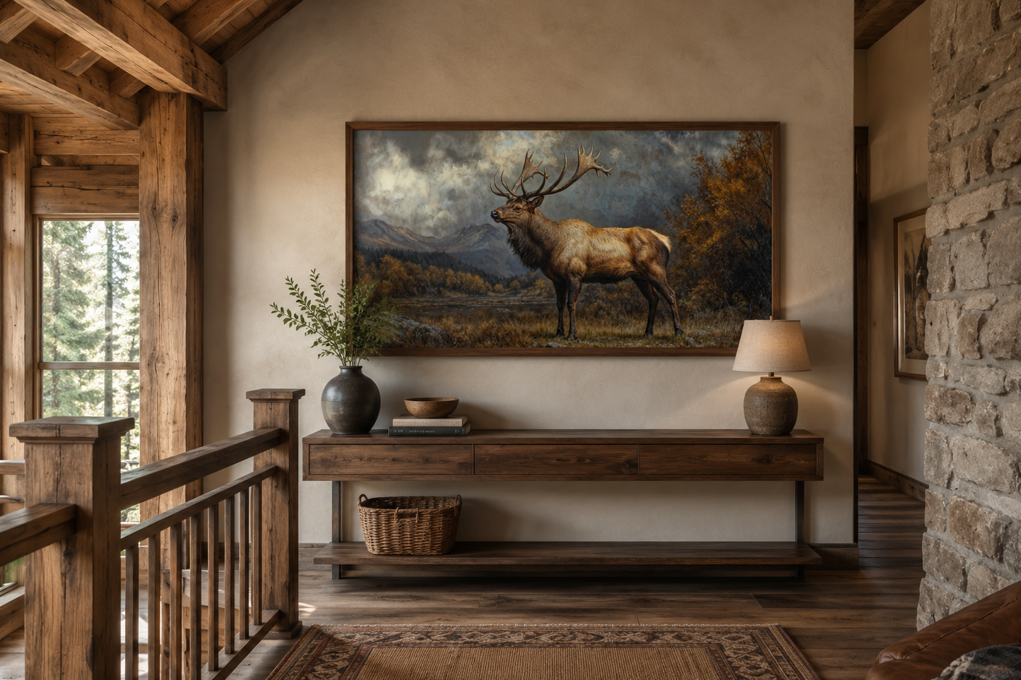 Antique Elk In Autumn Mountains Framed Canvas Wall Art for Cabin Decor
