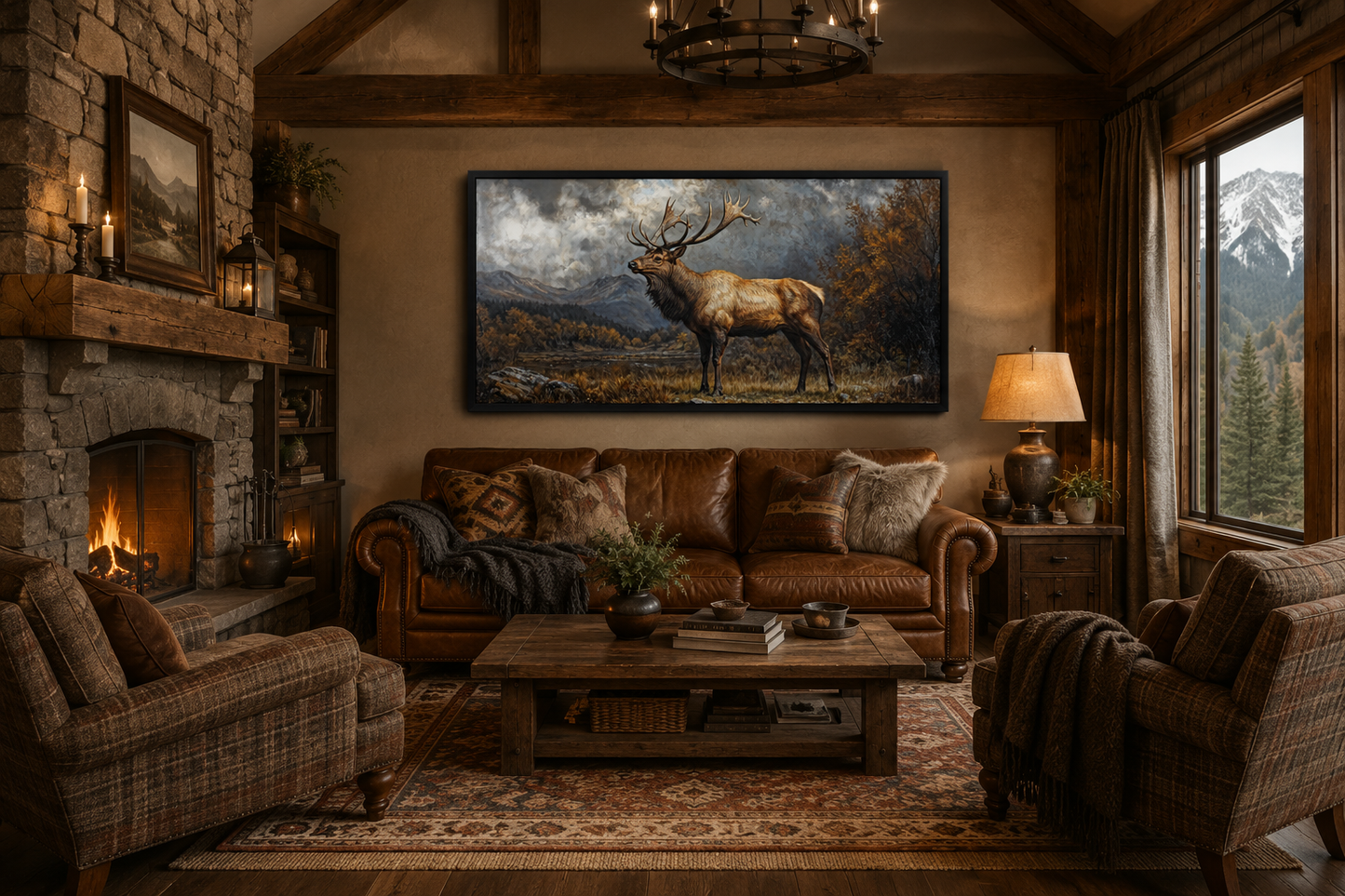 Antique Elk In Autumn Mountains Framed Canvas Wall Art for Cabin Decor