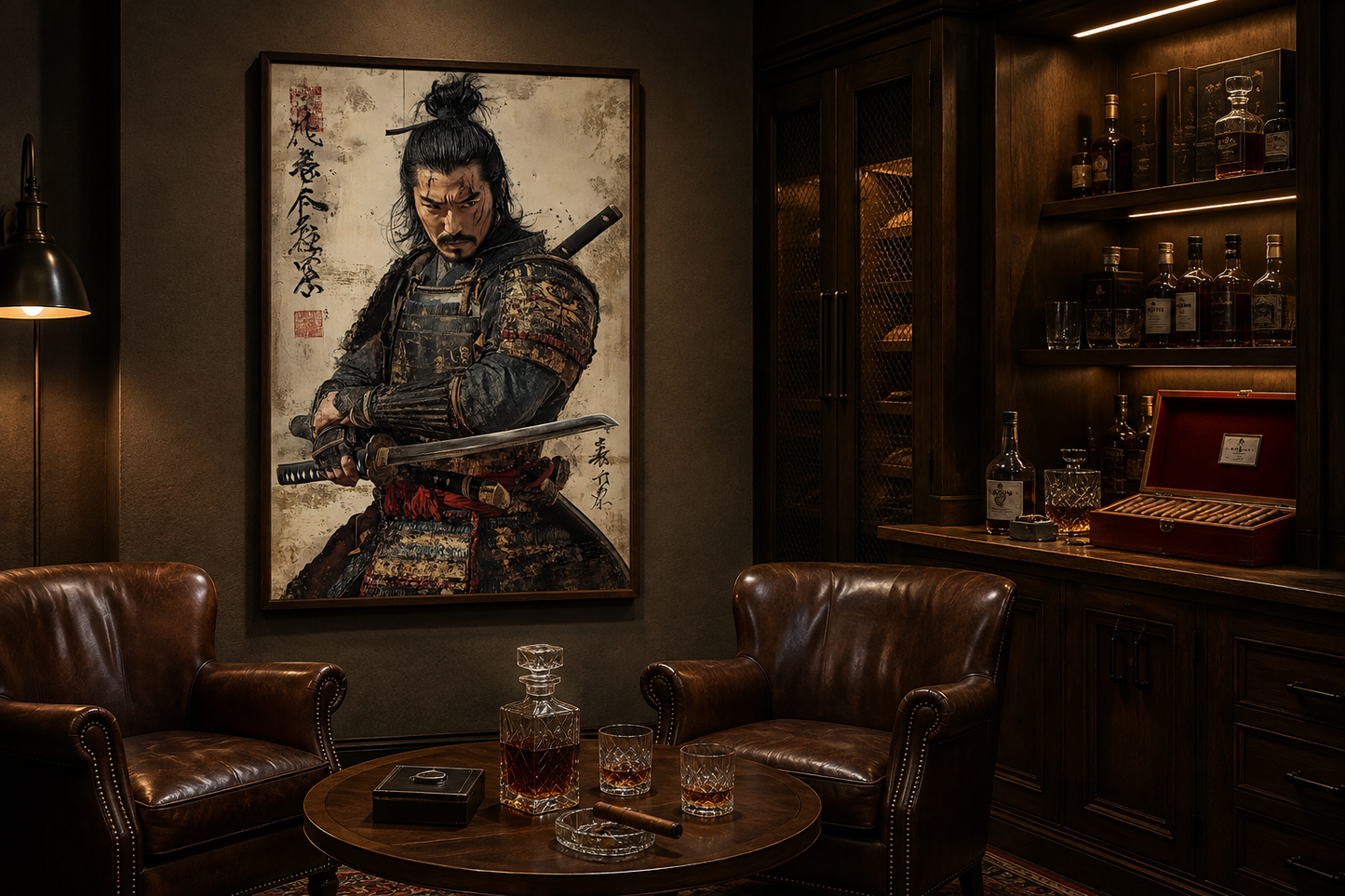 Antique Samurai Portrait Framed Canvas Wall Art, Manly Office Decor