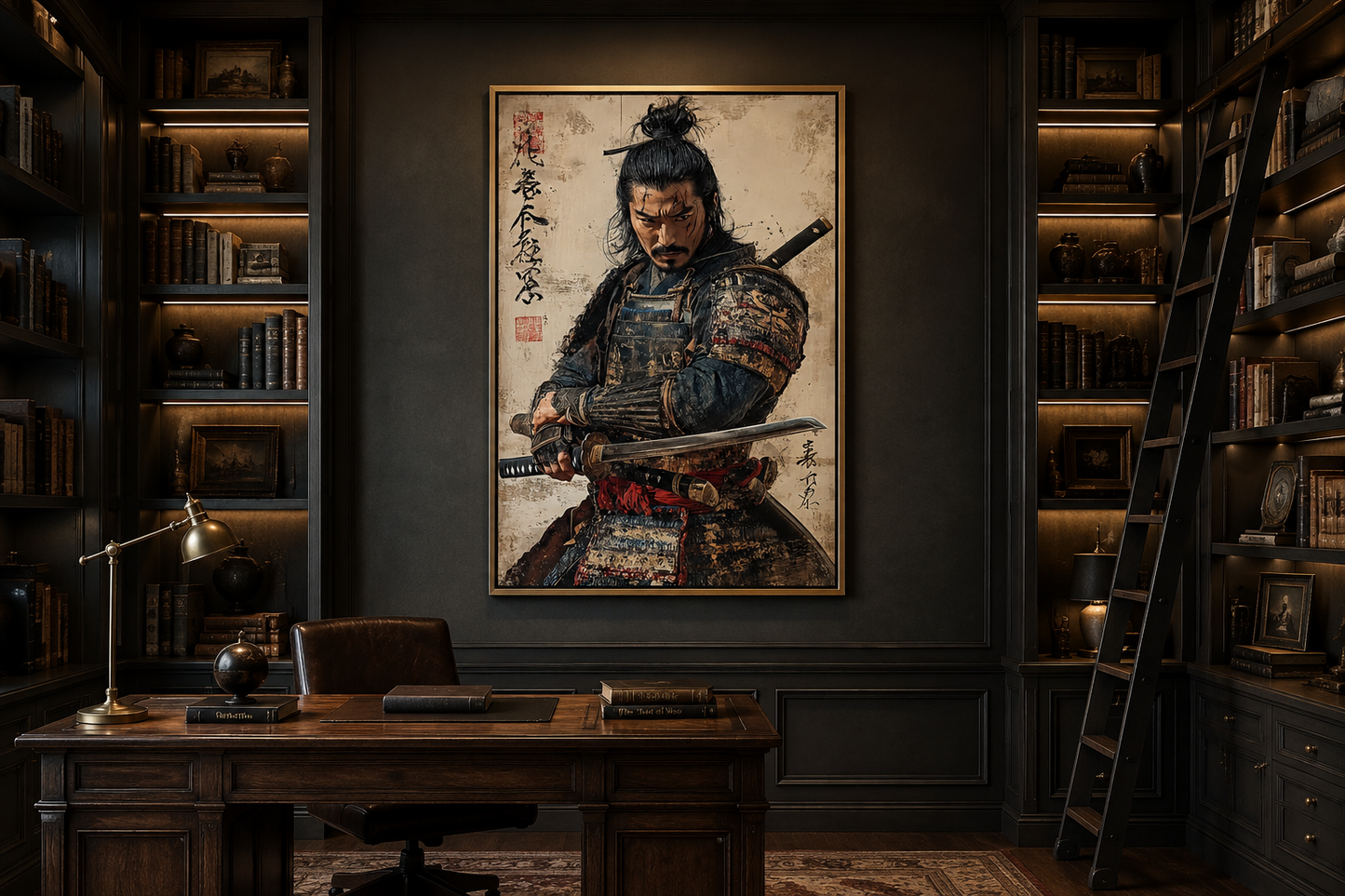 Antique Samurai Portrait Framed Canvas Wall Art, Manly Office Decor