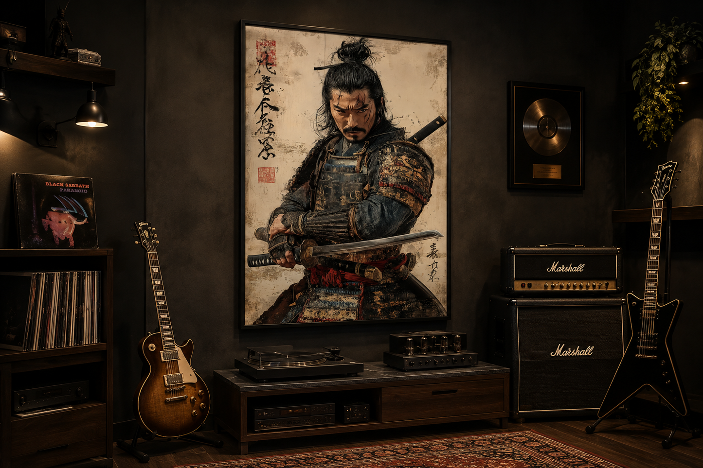 Antique Samurai Portrait Framed Canvas Wall Art, Manly Office Decor