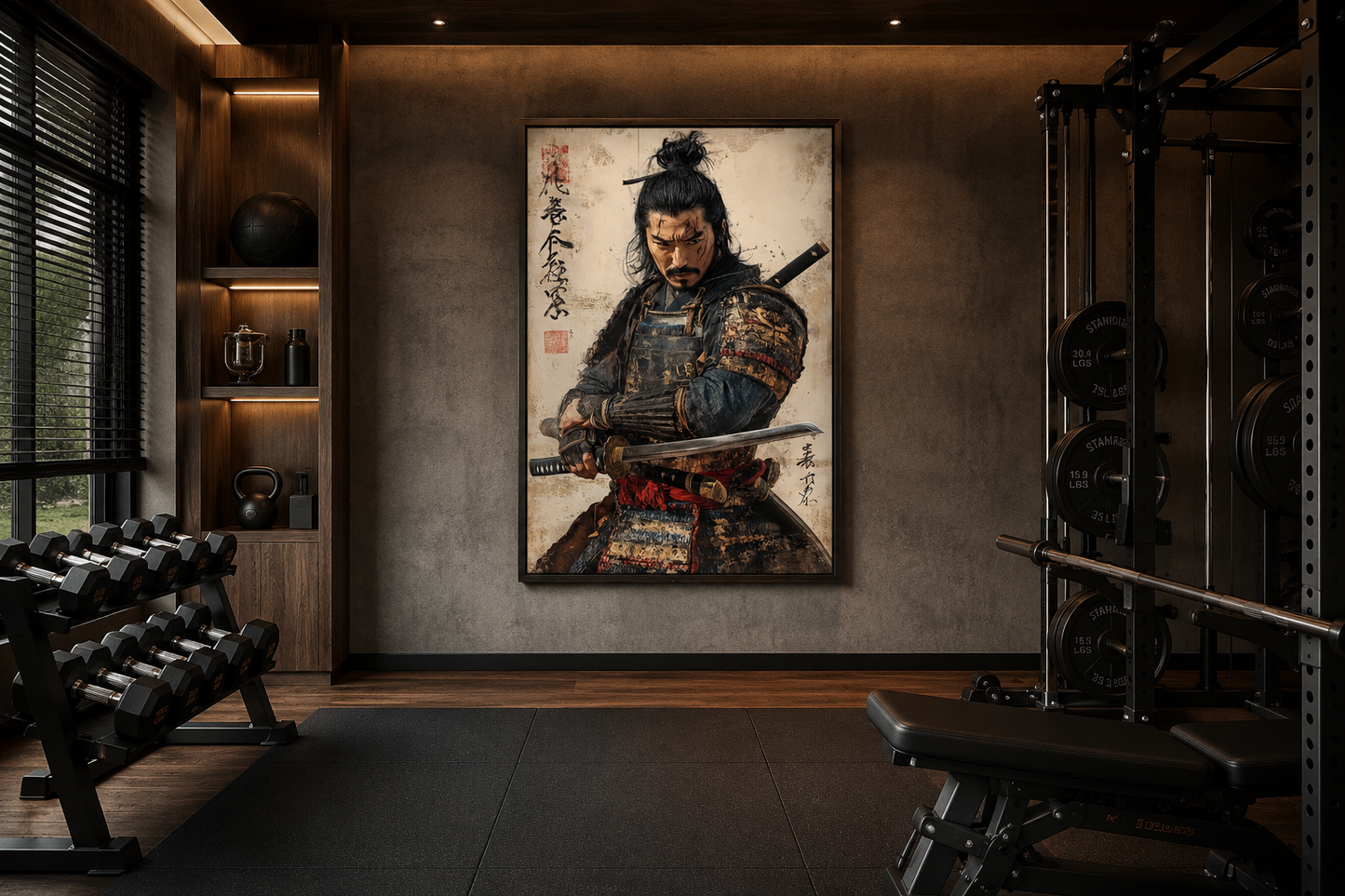 Antique Samurai Portrait Framed Canvas Wall Art, Manly Office Decor