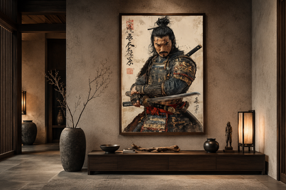 Antique Samurai Portrait Framed Canvas Wall Art, Manly Office Decor