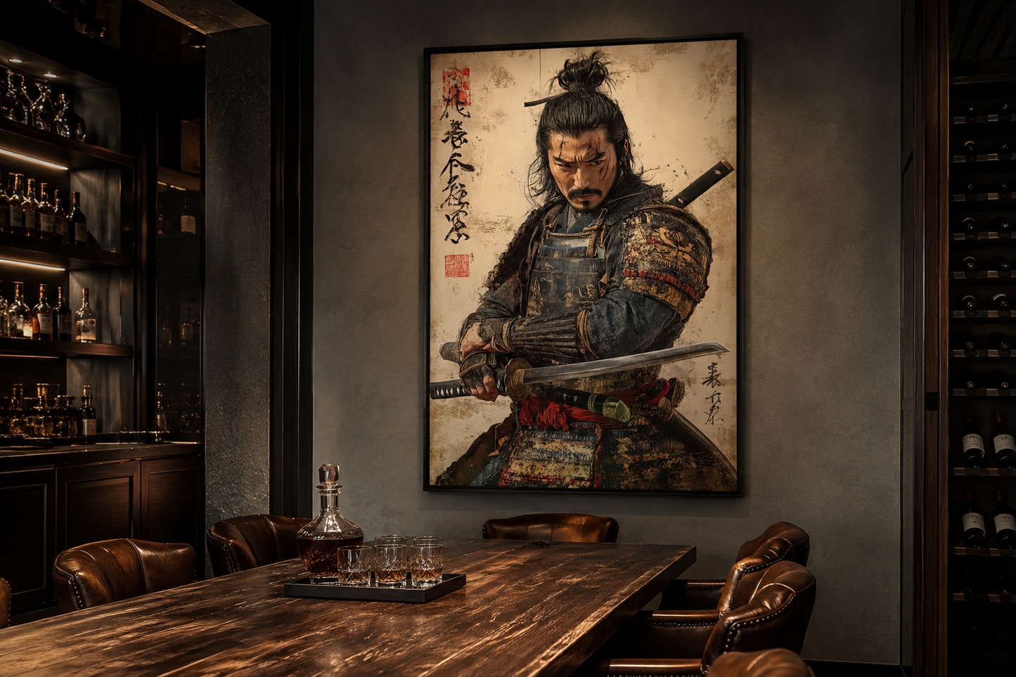 Antique Samurai Portrait Framed Canvas Wall Art, Manly Office Decor