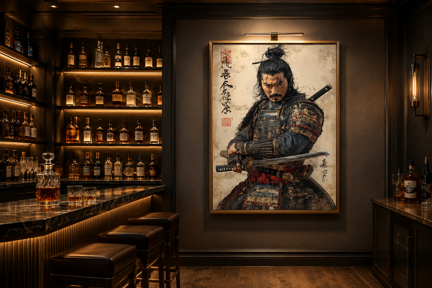 Antique Samurai Portrait Framed Canvas Wall Art, Manly Office Decor