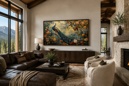 Antique Style Peacock In The Garden Tapestry Framed Canvas Wall Art