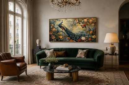Antique Style Peacock In The Garden Tapestry Framed Canvas Wall Art