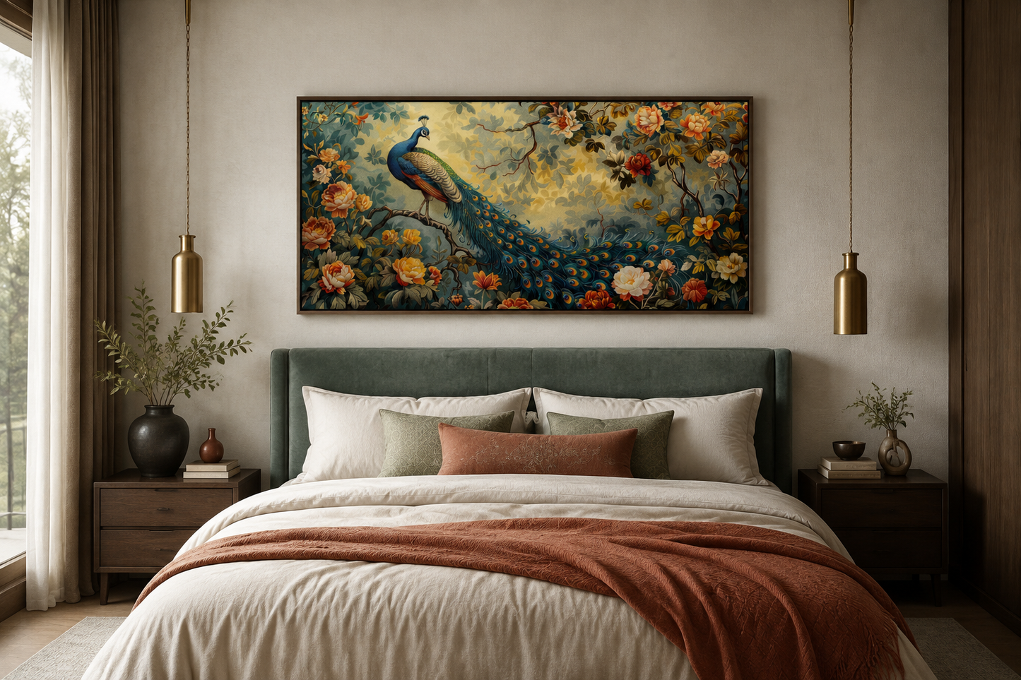 Antique Style Peacock In The Garden Tapestry Framed Canvas Wall Art