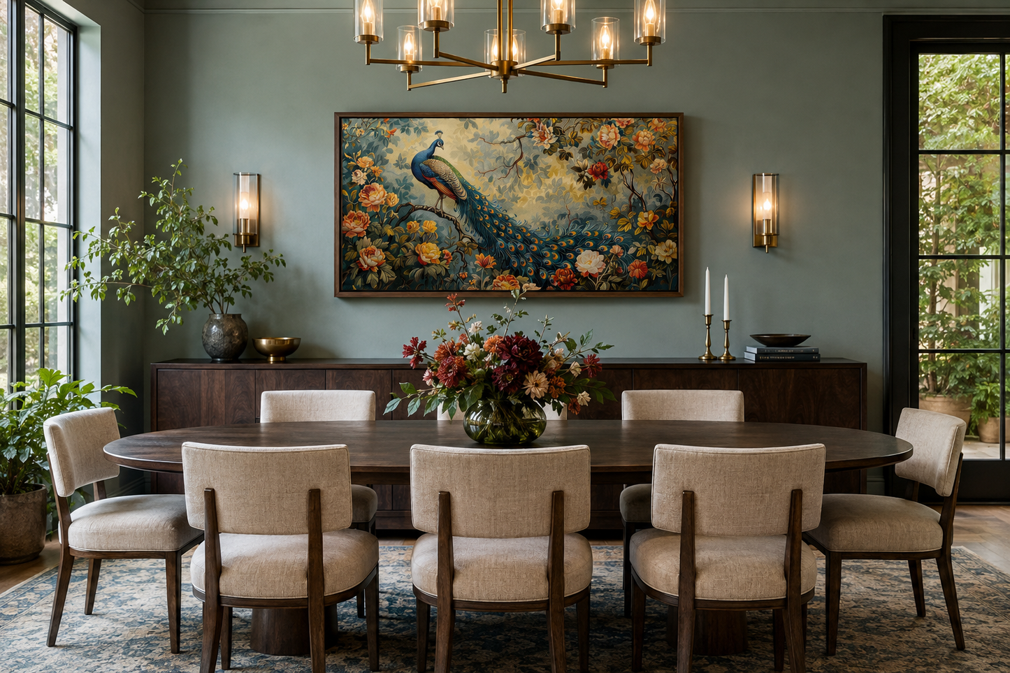 Antique Style Peacock In The Garden Tapestry Framed Canvas Wall Art