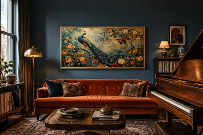 Antique Style Peacock In The Garden Tapestry Framed Canvas Wall Art