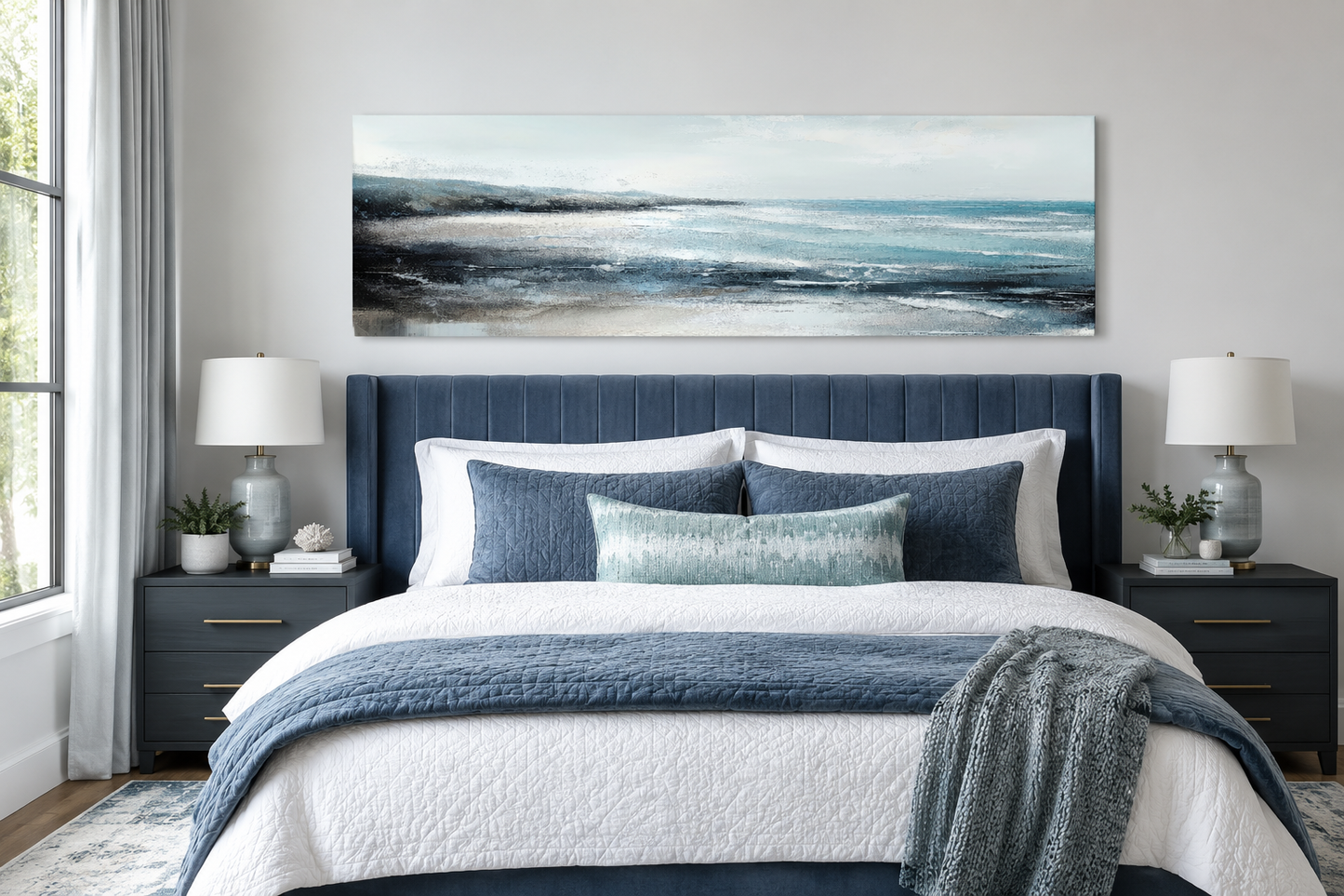 Aqua Blue Ocean Beach Coastal Wall Art Over Bed Framed Canvas Wall Art